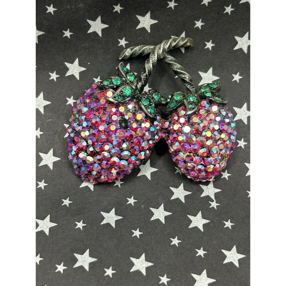 Vintage Double Strawberry WEISS Brooch Pin Green & Red AB Rhinestones